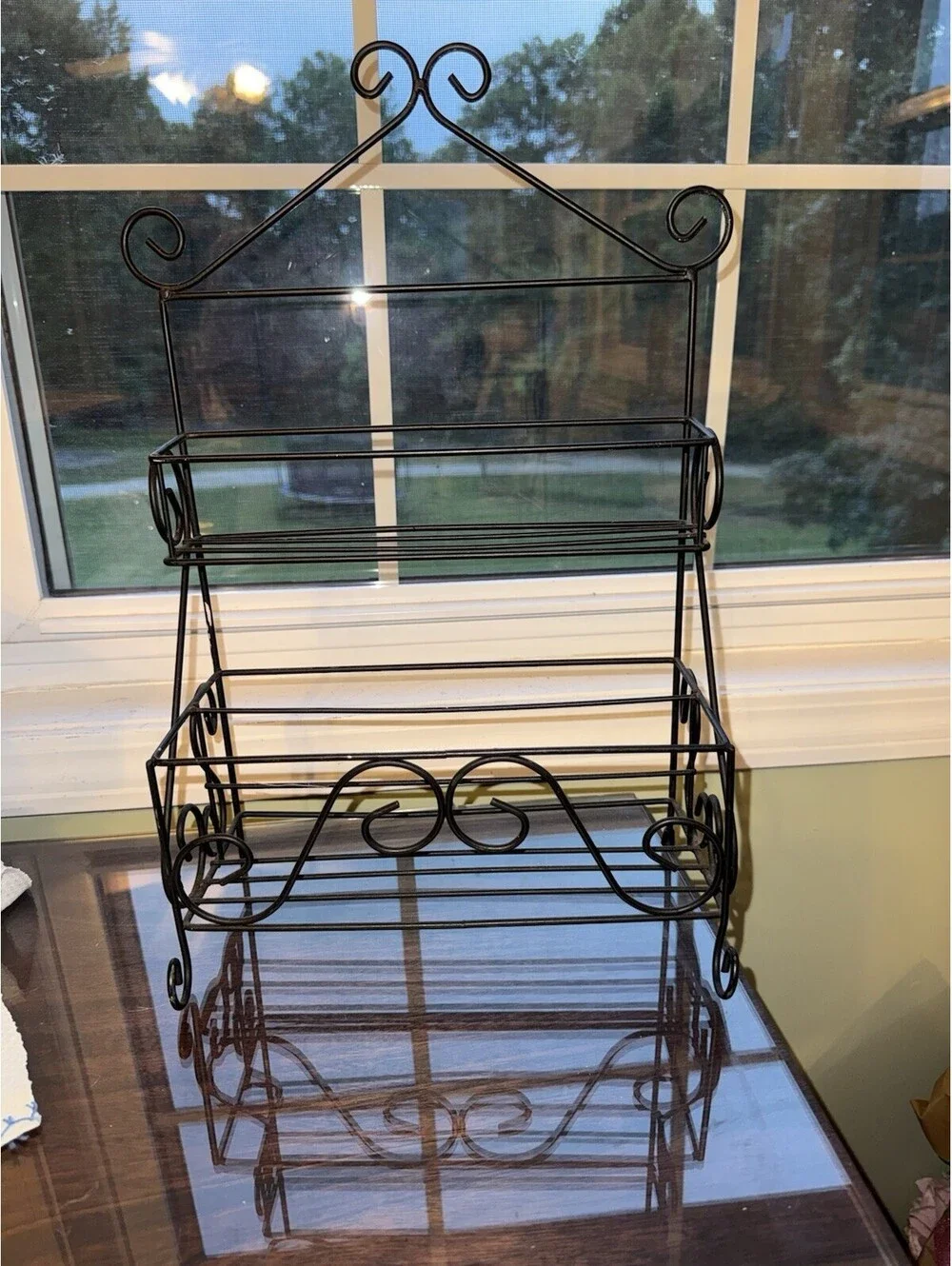vintage,black wrought iron two-tier rack, sitting or hanging, MCM, country